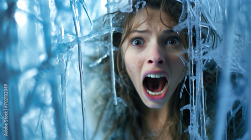 cryophobia: an in-depth, ultra-realistic exploration of the paralyzing fear of extreme cold, ice, and frost, capturing the intense anxiety and discomfort in frigid environments - ai generated photo