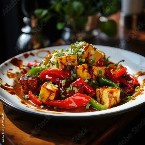 A tantalizing plate of with creamy cubes of paneer, surrounded by colorful bell peppers and garnished with spring onions. Generative AI.