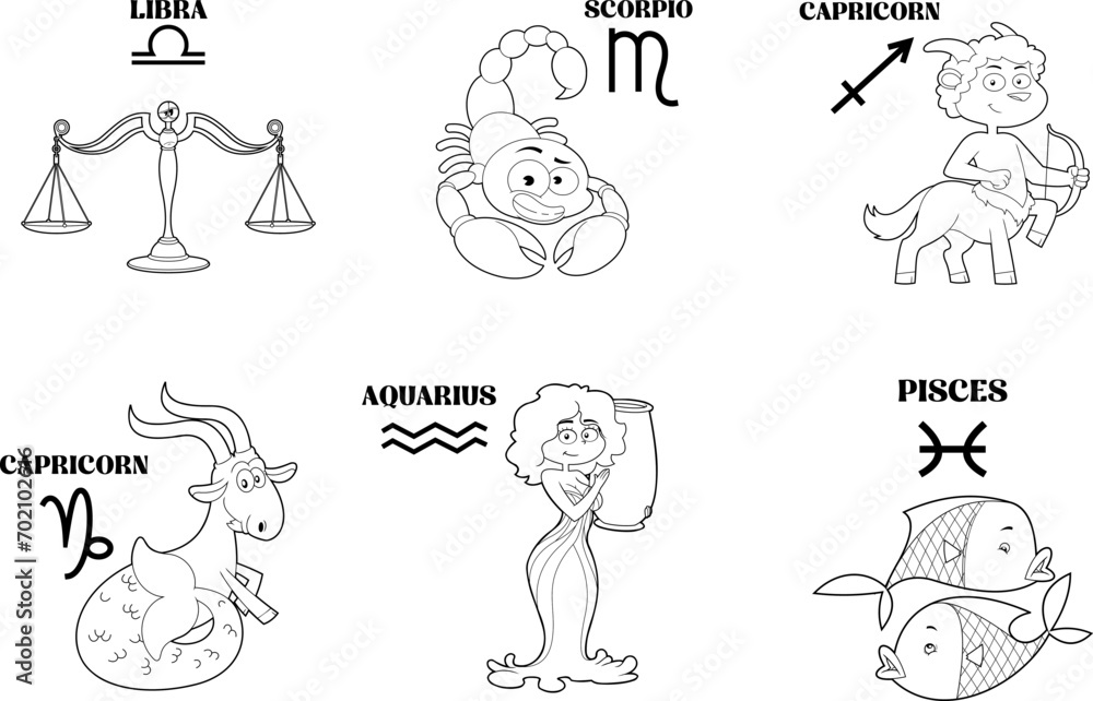 Outlined Funny Cartoon Horoscope Zodiac Sign. Vector Hand Drawn Collection Set Isolated On Transparent Background