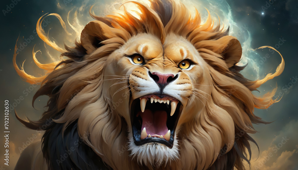 Fototapeta premium Fantasy Illustration of a wild animal lion. Digital art style wallpaper background.