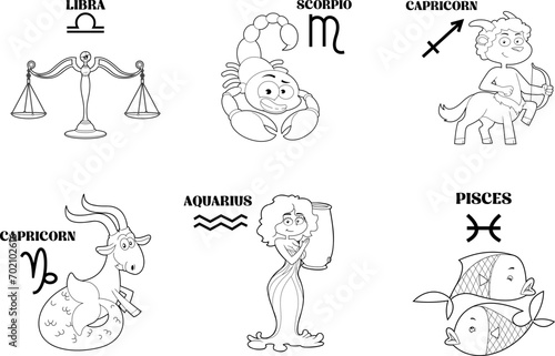 Outlined Funny Cartoon Horoscope Zodiac Sign. Vector Hand Drawn Collection Set Isolated On Transparent Background