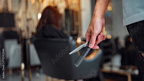 Unrecognizable male barber hairdresser with scissors and comb in hairdressing salon, copy space photo