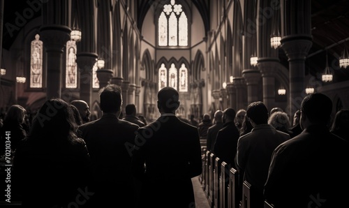 people sit in the church and listen to the pastor's sermon photo