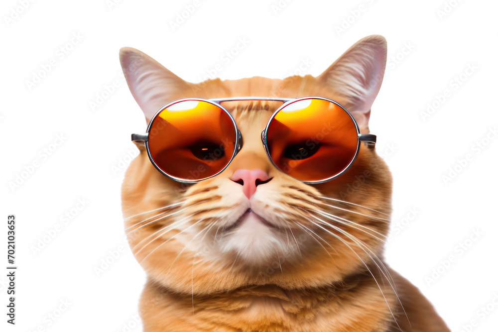 Funny fat cat wearing sunglasses isolated on transparent background,png file