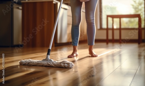 Close up photo of young woman cleaning floor with a wet mop