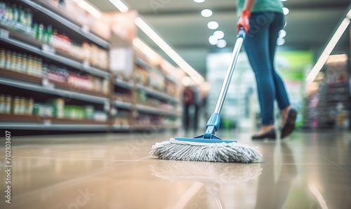 Close up photo of cleaner woman cleaning floor with a wet mop in the store