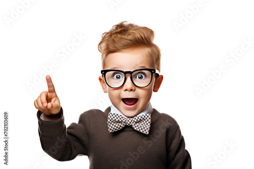 Funny little boy in glasses pointing up isolated on transparent background png file