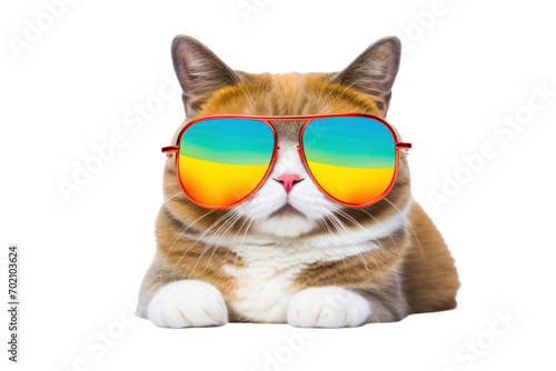 Funny colored fat cat wearing sunglasses isolated on transparent background,png file