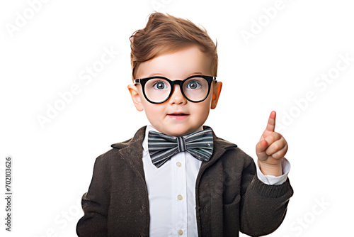 Funny little boy in glasses pointing up isolated on transparent background,png file