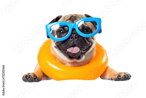 Funny dog wearing sunglasses and rubber ring with float on water isolated on transparent background. png file. photo