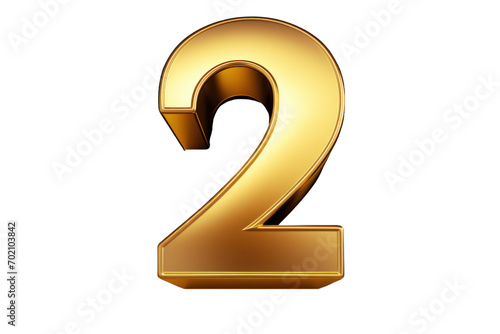 Gold number 2. 3D rendering isolated on transparent background,png file