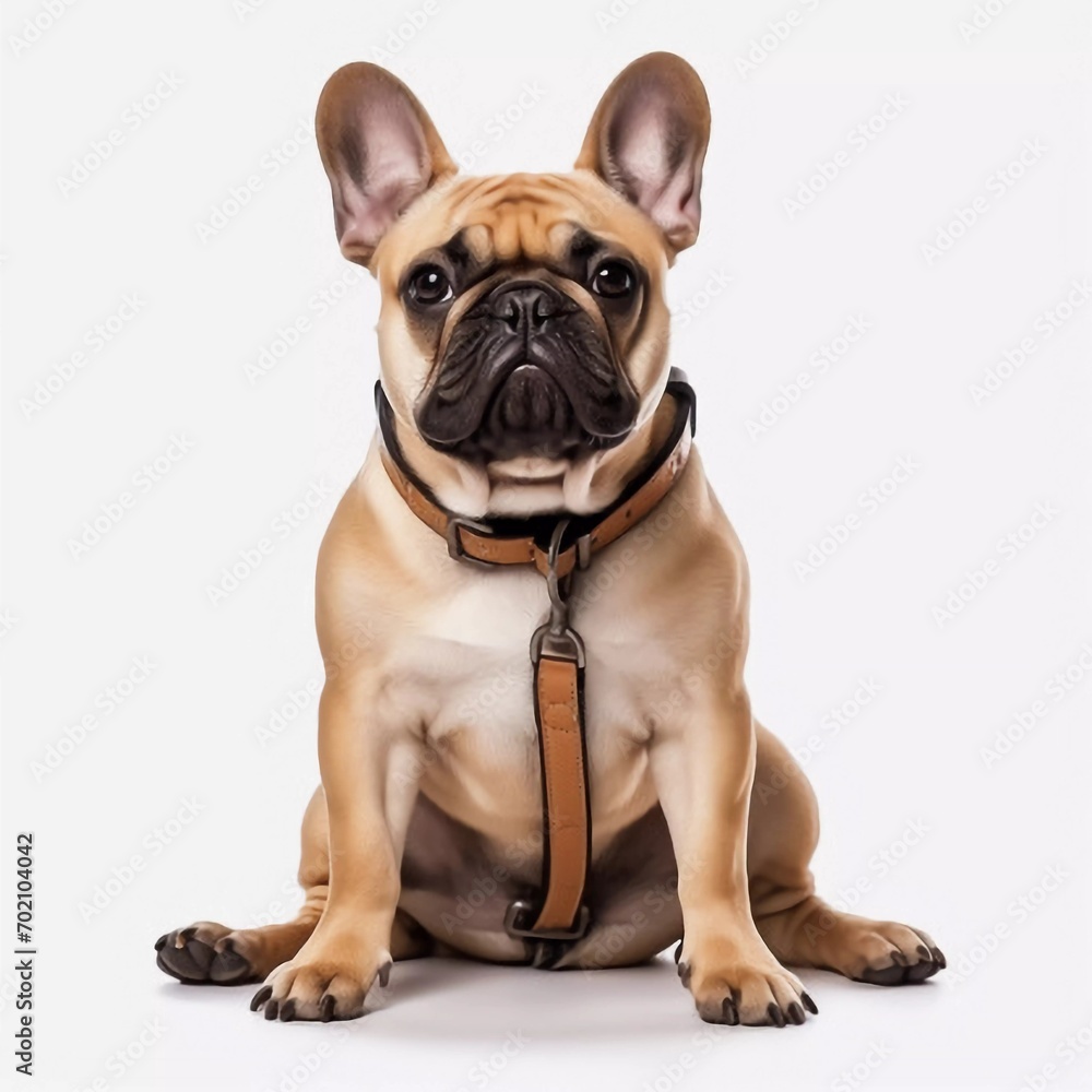 Fawn french bulldog sitting with leather leash ready for a walk with owner isolated on white isolated background, AI generator