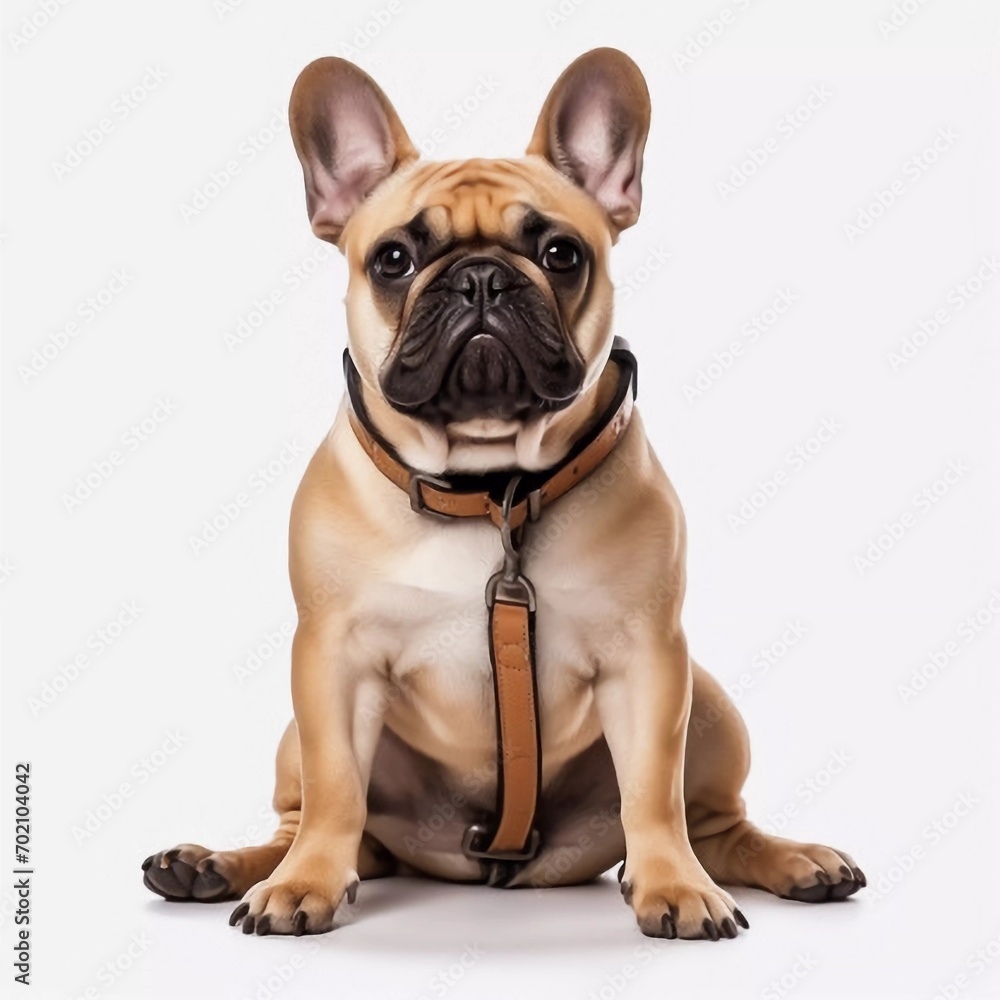 Fawn french bulldog sitting with leather leash ready for a walk with owner isolated on white isolated background, AI generator Fawn french bulldog sitting with leather leash ready for a walk with owner isolated on white isolated background, AI generator