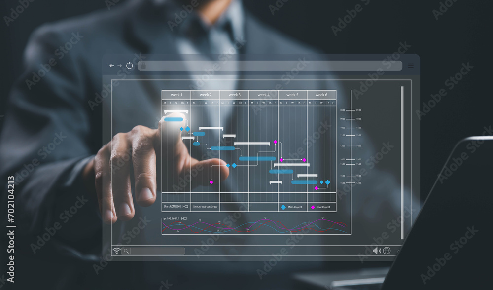 businessman schedule plan management shows a timeline Gantt chart in technology online. concept work update and workflow, project planner in software, manage milestones, appointment staff of business - obrazy, fototapety, plakaty 