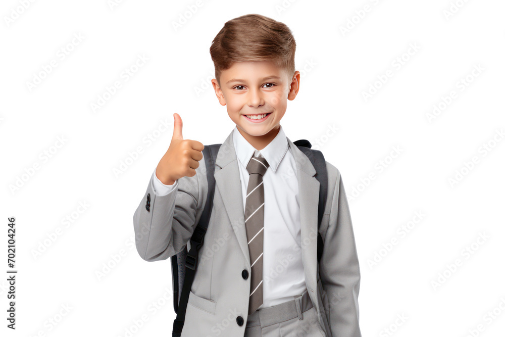 Elementary school student with a backpack, wearing a school uniform, pointing and copying isolated on transparent background,png file Elementary school student with a backpack, wearing a school uniform, pointing and copying isolated on transparent background,png file