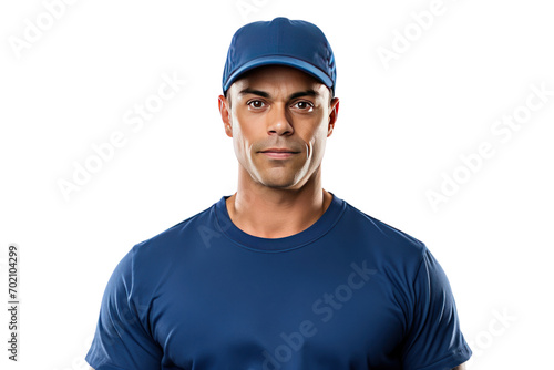 Professional courier in blue t-shirt and hat talking on phone or iPad with customer isolated on transparent background,png file photo
