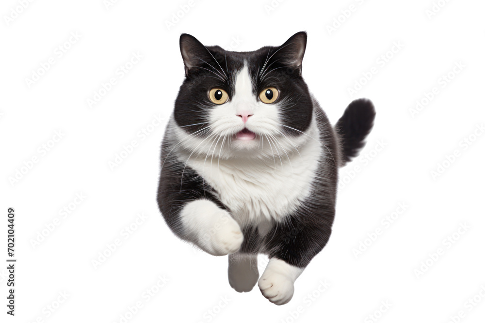 Playful black and white fat cat running and jumping isolated on transparent background,png file Playful black and white fat cat running and jumping isolated on transparent background,png file