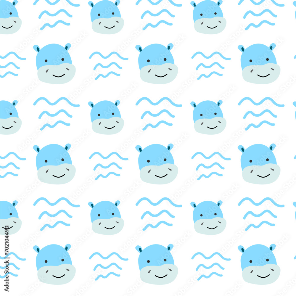 cute hippo and wave simple shape pattern. Vector illustration for nursery design, baby animal background. 