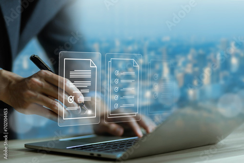 businessman signs form agreement online technology on the laptop. concept of document electronic smart contract, signature on form agreement digital. used signature in the transaction business, bank