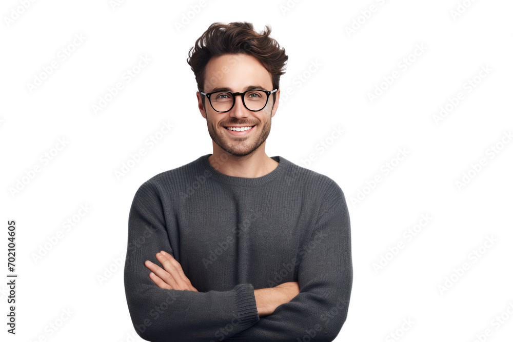 Handsome young man without beard wearing a casual sweater and glasses. Happy smiling face with crossed arms looking at camera, isolated on transparent background,png file - obrazy, fototapety, plakaty 