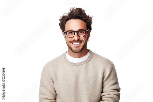Handsome young man without beard wearing a casual sweater and glasses. Happy smiling face with crossed arms looking at camera, isolated on transparent background,png file photo