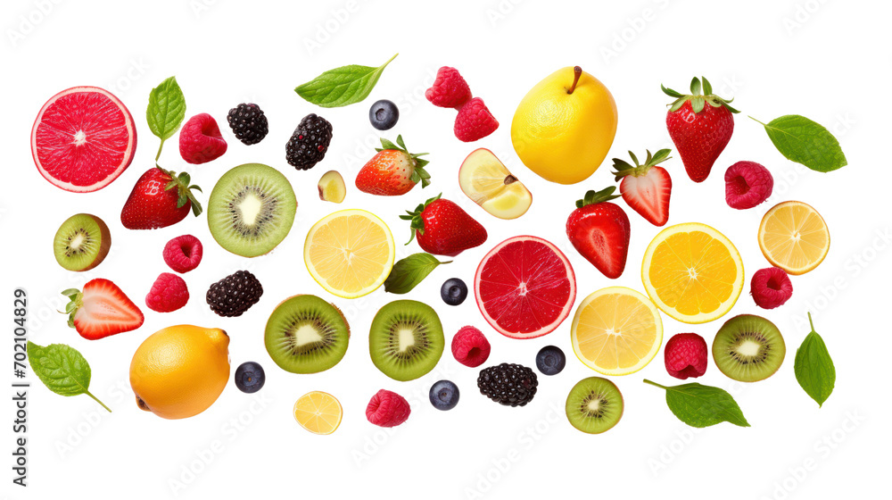 Flat lay, top view, berries, apple, strawberry, pomegranate, mango, avocado, orange, lemon, kiwi, isolated on transparent background,png file