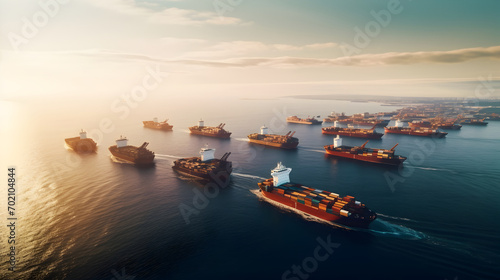 Fleet of cargo ships sailing on the ocean. Container vessels exporting goods making supply chain delivery