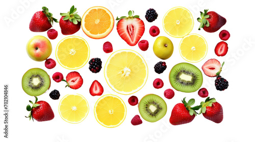 Flat lay, top view, berries, apple, strawberry, pomegranate, mango, avocado, orange, lemon, kiwi, isolated on transparent background,png file