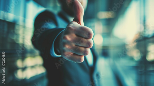 businessman with thumbs up on bokeh background, success concept