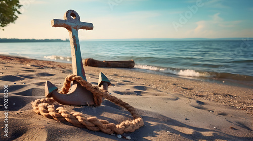 Wooden anchor with rope on the sand close to the ocean