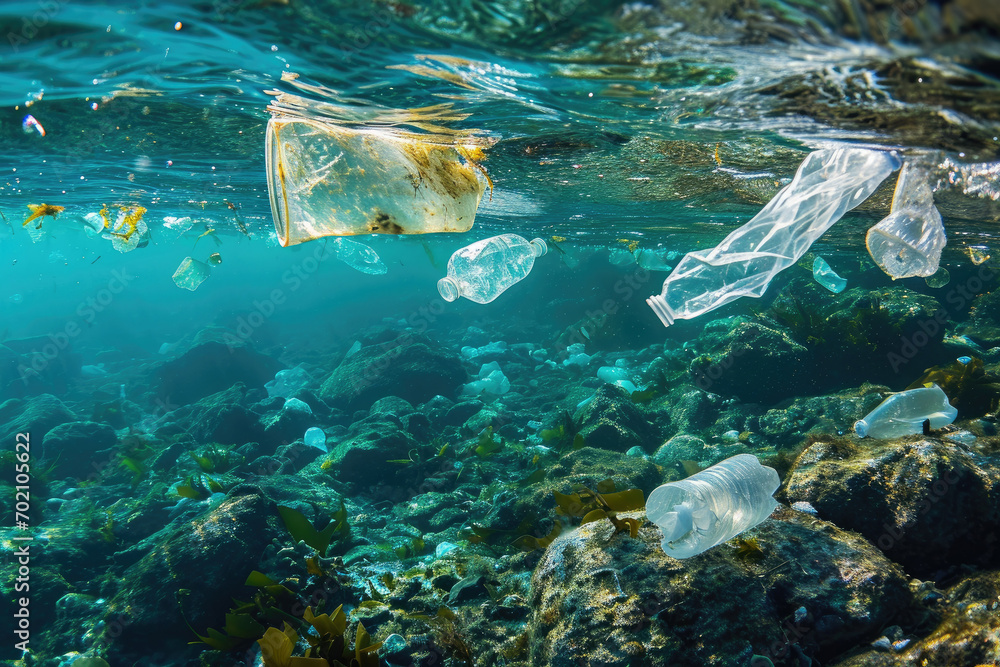 Obraz premium Plastic water bottles and bags floating in ocean landscape, spilled garbage microplastics covering on beach, pollution problem concept, Unhealthy environment problem.