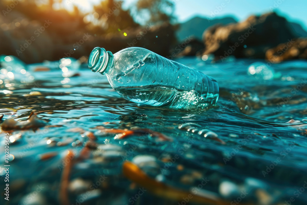 Plastic water bottles and bags floating in ocean landscape, spilled