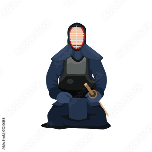 Young man sitting upright wearing a kendo kimono and helmet in traditional armor. Flat vector illustration isolated on white background