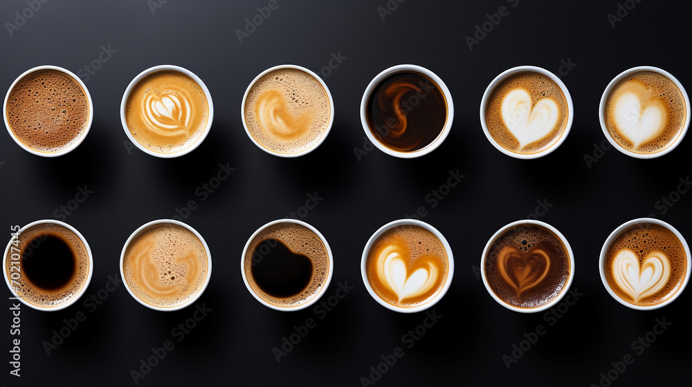 coffee cup assortment top view collection, cup with heart sign top view collection on black background. coffee cup assortment top view collection, cup with heart sign top view collection on black background.