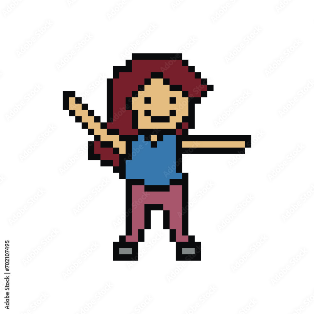 Obraz premium Cute pixel cartoon 8bit character woman exercises training alone lifestyle vector for decoration life style 8 bit female dance exercise gym fitness warm up vector.