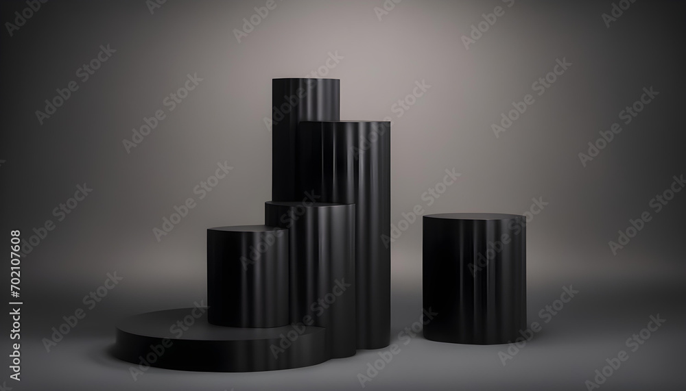 Tiered Black Pedestal in the Spotlight on Dark Background Tiered Black Pedestal in the Spotlight on Dark Background