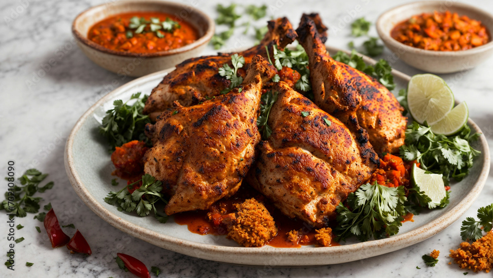Showcase the bold flavors and textures of Indian tandoori chicken in this stock photo Showcase the bold flavors and textures of Indian tandoori chicken in this stock photo
