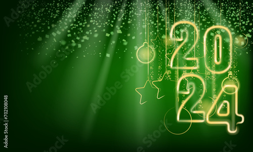 2024 Happy New Year shining light sparkles, green background