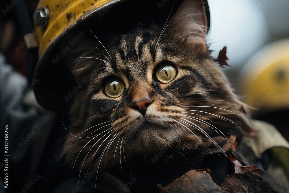 Firefighters saving a cat from a tree. Brave fireman climbing a tree to rescue a cat Firefighters saving a cat from a tree. Brave fireman climbing a tree to rescue a cat