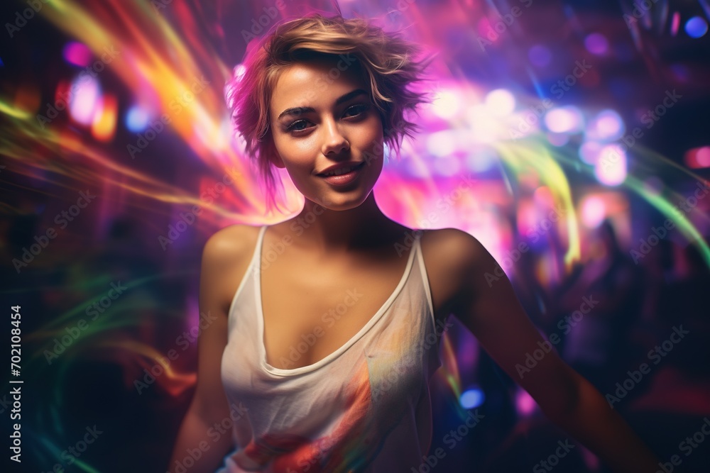 Portrait of a beautiful girl with short hair dancing in a nightclub 