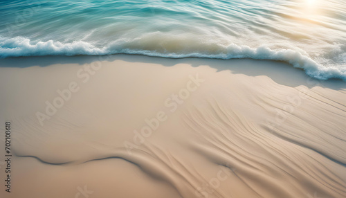 Abstract Sand Beach from Above: Light Blue Water Waves and Sun Lights Create a Summer Vacation Background