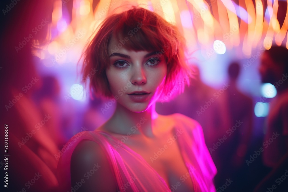 Portrait of a beautiful girl with short hair dancing in a nightclub Portrait of a beautiful girl with short hair dancing in a nightclub