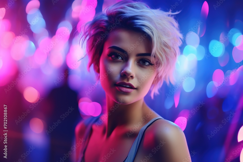 Portrait of a beautiful girl with short hair dancing in a nightclub Portrait of a beautiful girl with short hair dancing in a nightclub