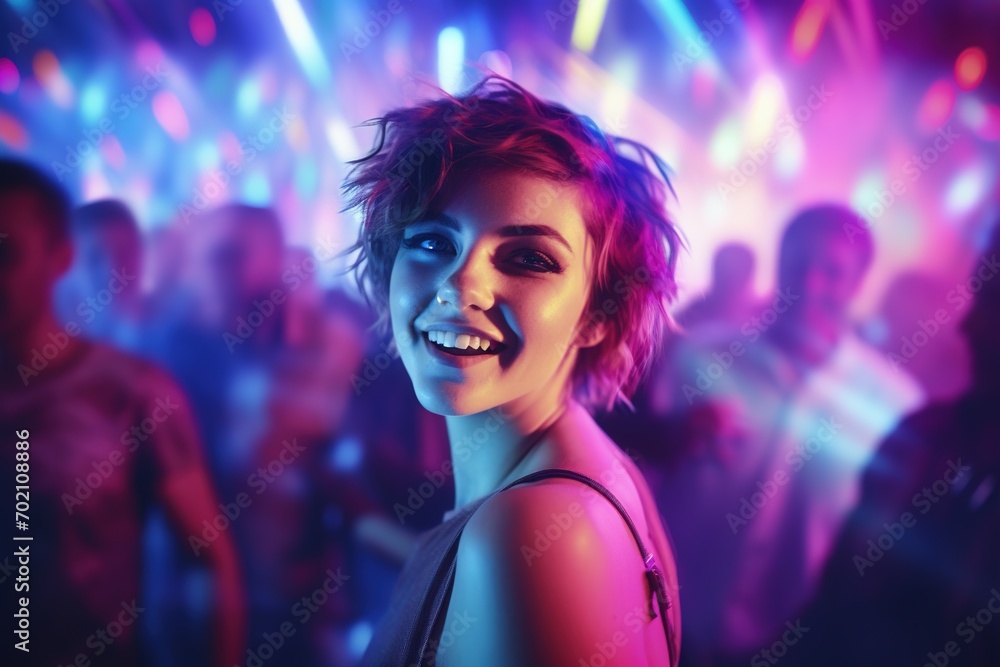 Portrait of a beautiful girl with short hair dancing in a nightclub Portrait of a beautiful girl with short hair dancing in a nightclub
