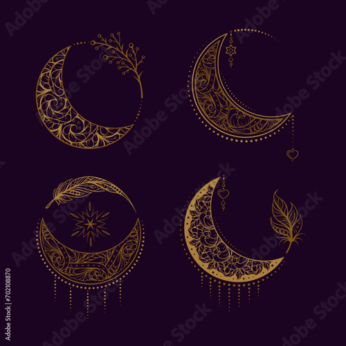 Boho style moon illustrations set on a dark background.