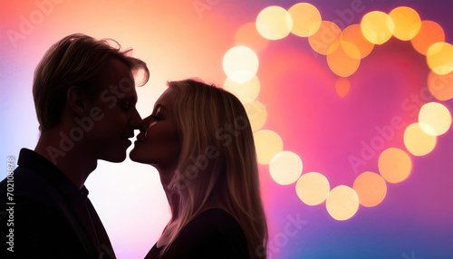 couple d'amoureux saint valentin silhouette qui s'embrasse arrière-plan cœur coloré avec zone de copie