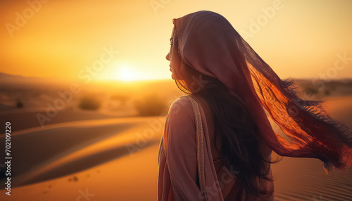 Beautiful woman in the desert at sunset  ramadan concept