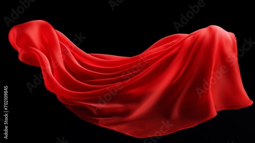 Red cloth that is floating and hiding something unknown underneath. Fabric isolated on black background.  photo