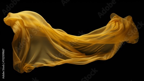 Yellow cloth that is floating and hiding something unknown underneath. Fabric isolated on black background. 