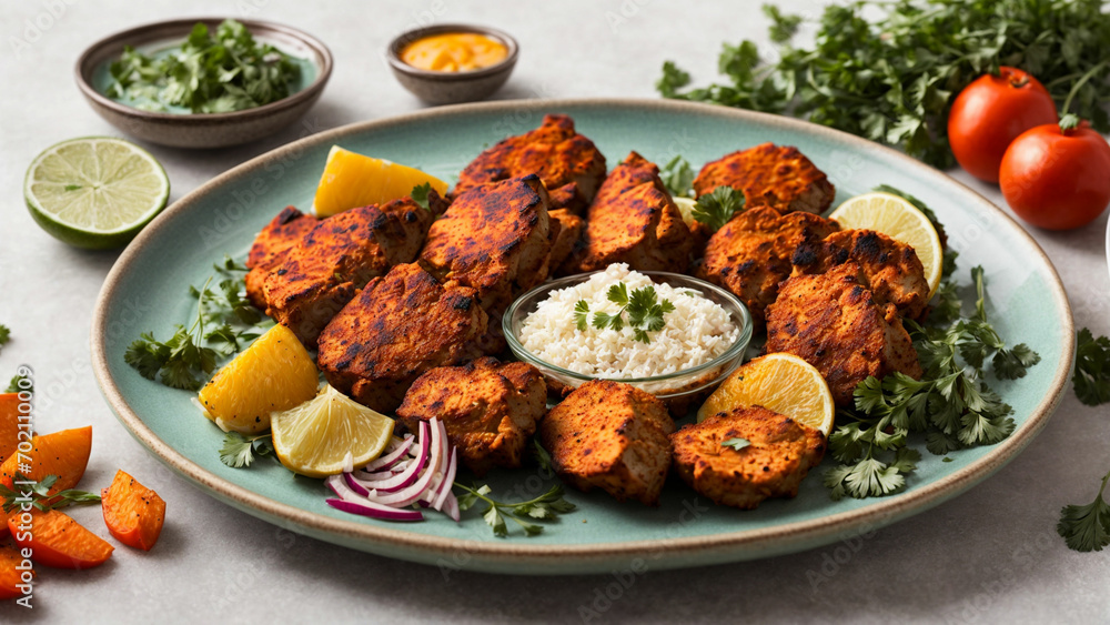 A minimalist stock photo featuring a perfectly arranged plate of Indian chicken tandoori on a clean white background A minimalist stock photo featuring a perfectly arranged plate of Indian chicken tandoori on a clean white background